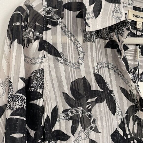 NWT L'AGENCE Nina Black Trópical Leaf print blouse - Picture 3 of 5